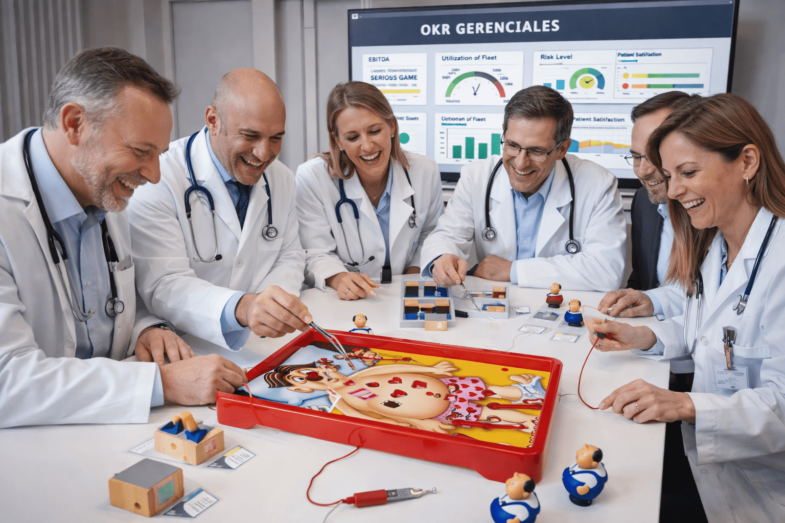 Médicos jugando Serious Game con OKR Gerenciales — Smart Play Strategy